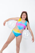 Cotton Candy Cut out Teen Tween girls one-piece Swimsuit Swimwear. Rainbow tie dye with center ring and Cut outs detail. Full coverage bum. Age-appropriate coverage, UPF50+ and thin removable inserts.