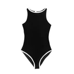 Midnight Current Teen Tween Girls one-piece Swimsuit Swimwear with high neck line, back zipper, removable inserts and age-appropriate cover. Full  coverage bum. Black and white, sporty and active design. 