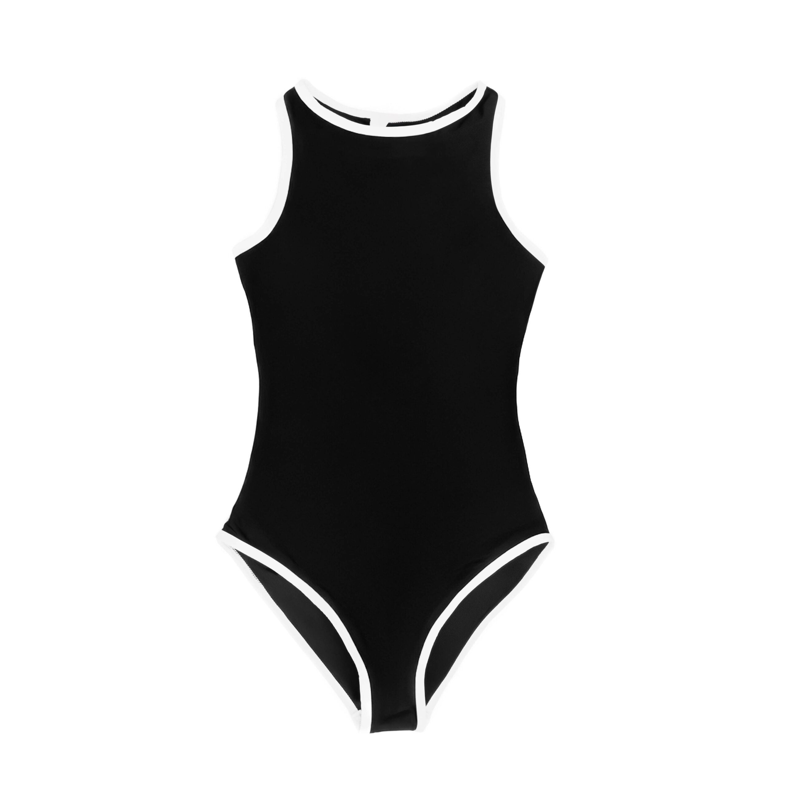 Midnight Current Teen Tween Girls one-piece Swimsuit Swimwear with high neck line, back zipper, removable inserts and age-appropriate cover. Full  coverage bum. Black and white, sporty and active design. 