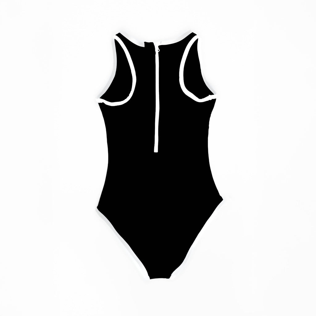 Midnight Current Teen Tween Girls one-piece Swimsuit Swimwear with high neck line, back zipper, removable inserts and age-appropriate cover. Full  coverage bum. Black and white, sporty and active design. 