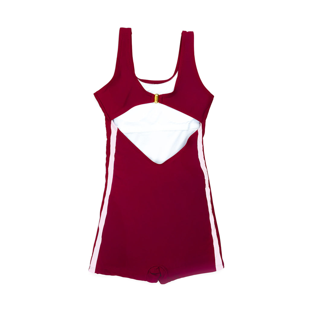 The OG Teen Tween girls one-piece Swimsuit Swimwear. Boyleg design with gold clasp strap back. Berry Color with pink side stripes. Full coverage bum. Age-appropriate coverage, UPF50+ and thin removable inserts.