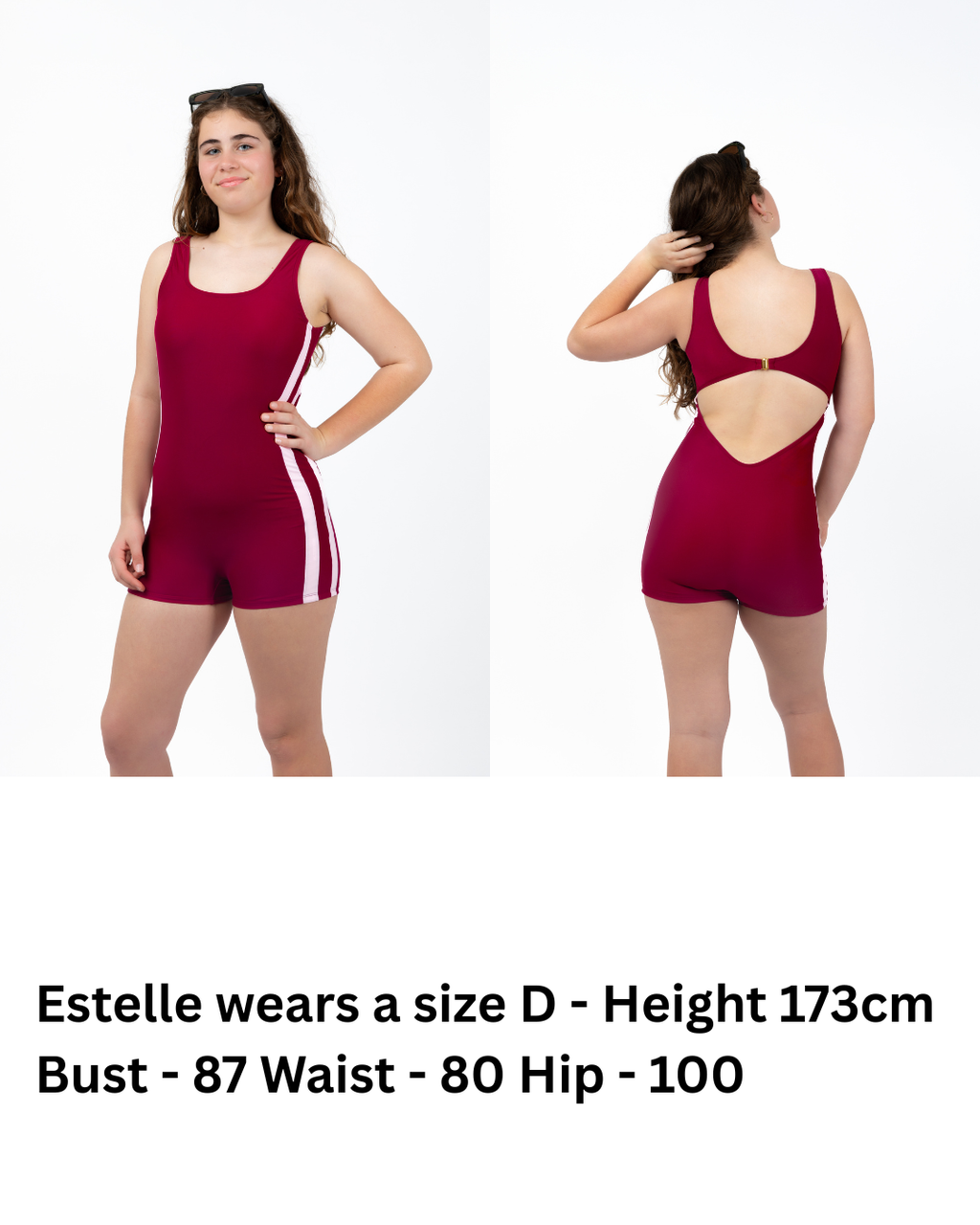 The OG Teen Tween girls one-piece Swimsuit Swimwear. Boyleg design with gold clasp strap back. Berry Color with pink side stripes. Full coverage bum. Age-appropriate coverage, UPF50+ and thin removable inserts.