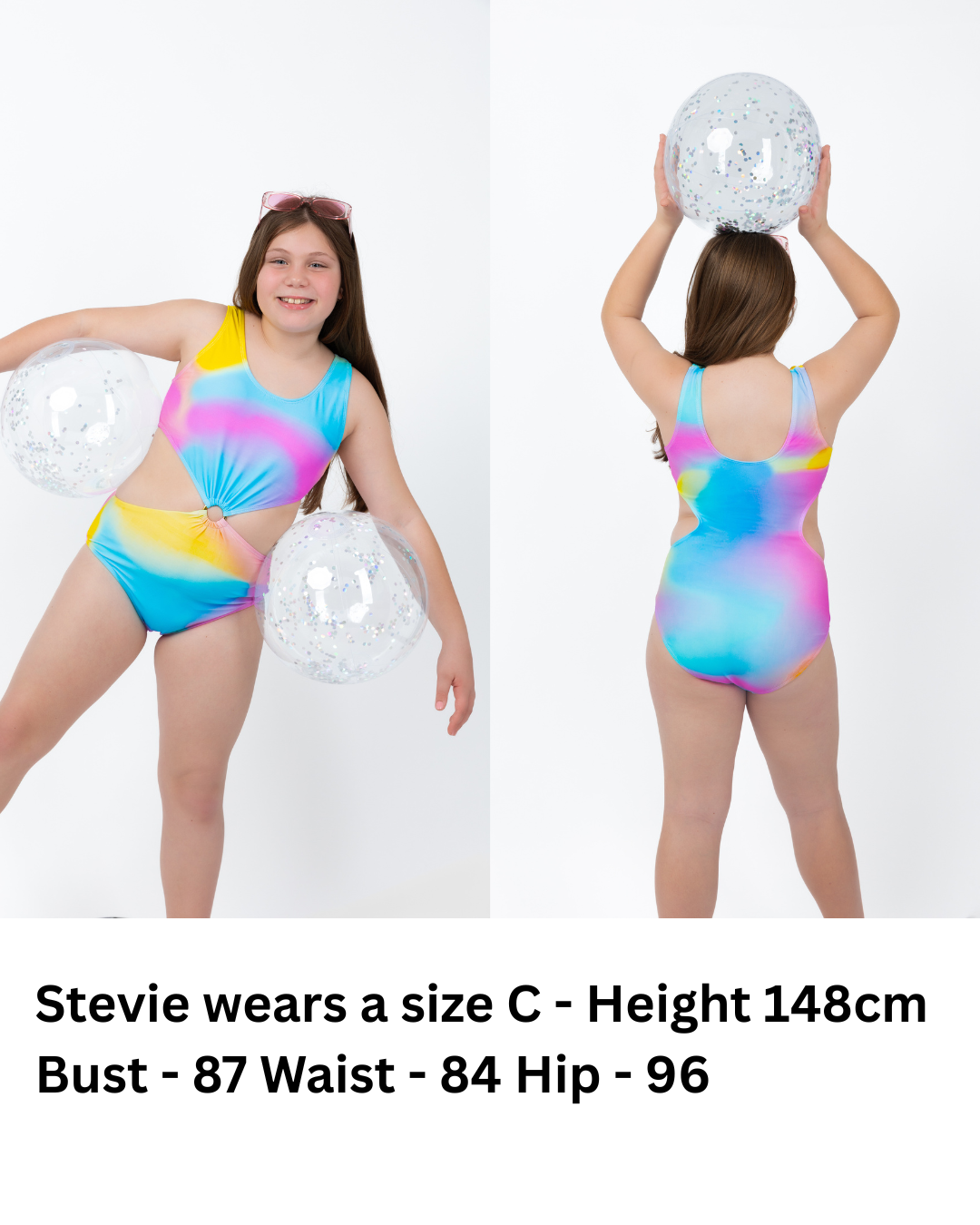 Cotton Candy Cut out Teen Tween girls one-piece Swimsuit Swimwear. Rainbow tie dye with center ring and Cut outs detail. Full coverage bum. Age-appropriate coverage, UPF50+ and thin removable inserts.