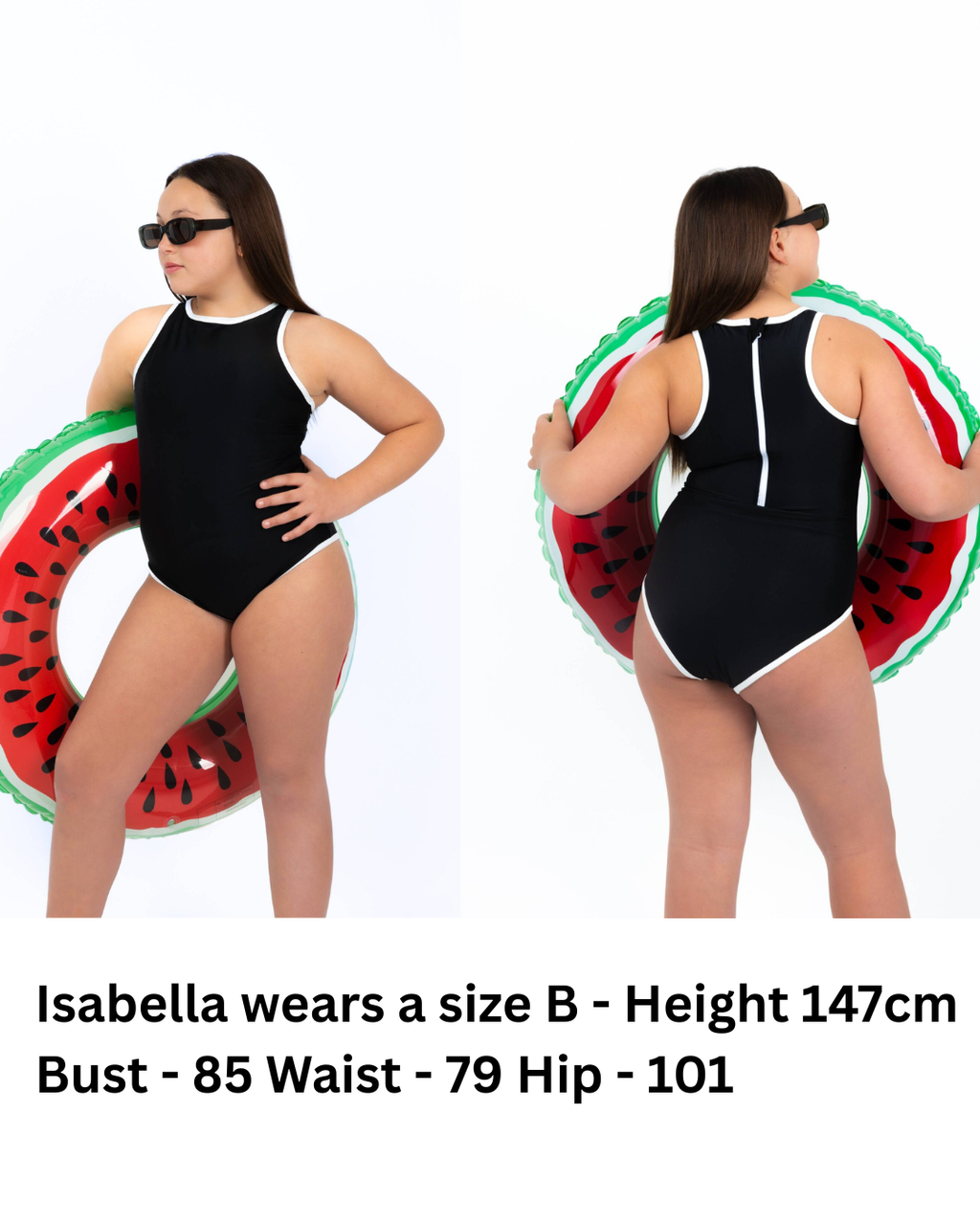 Midnight Current Teen Tween Girls one-piece Swimsuit Swimwear with high neck line, back zipper, removable inserts and age-appropriate cover. Full  coverage bum. Black and white, sporty and active design. 