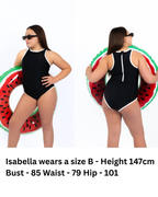 Midnight Current Teen Tween Girls one-piece Swimsuit Swimwear with high neck line, back zipper, removable inserts and age-appropriate cover. Full  coverage bum. Black and white, sporty and active design. 