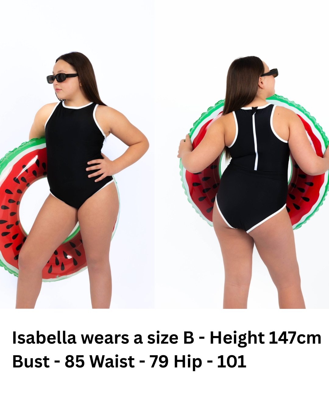 Midnight Current Teen Tween Girls one-piece Swimsuit Swimwear with high neck line, back zipper, removable inserts and age-appropriate cover. Full  coverage bum. Black and white, sporty and active design. 