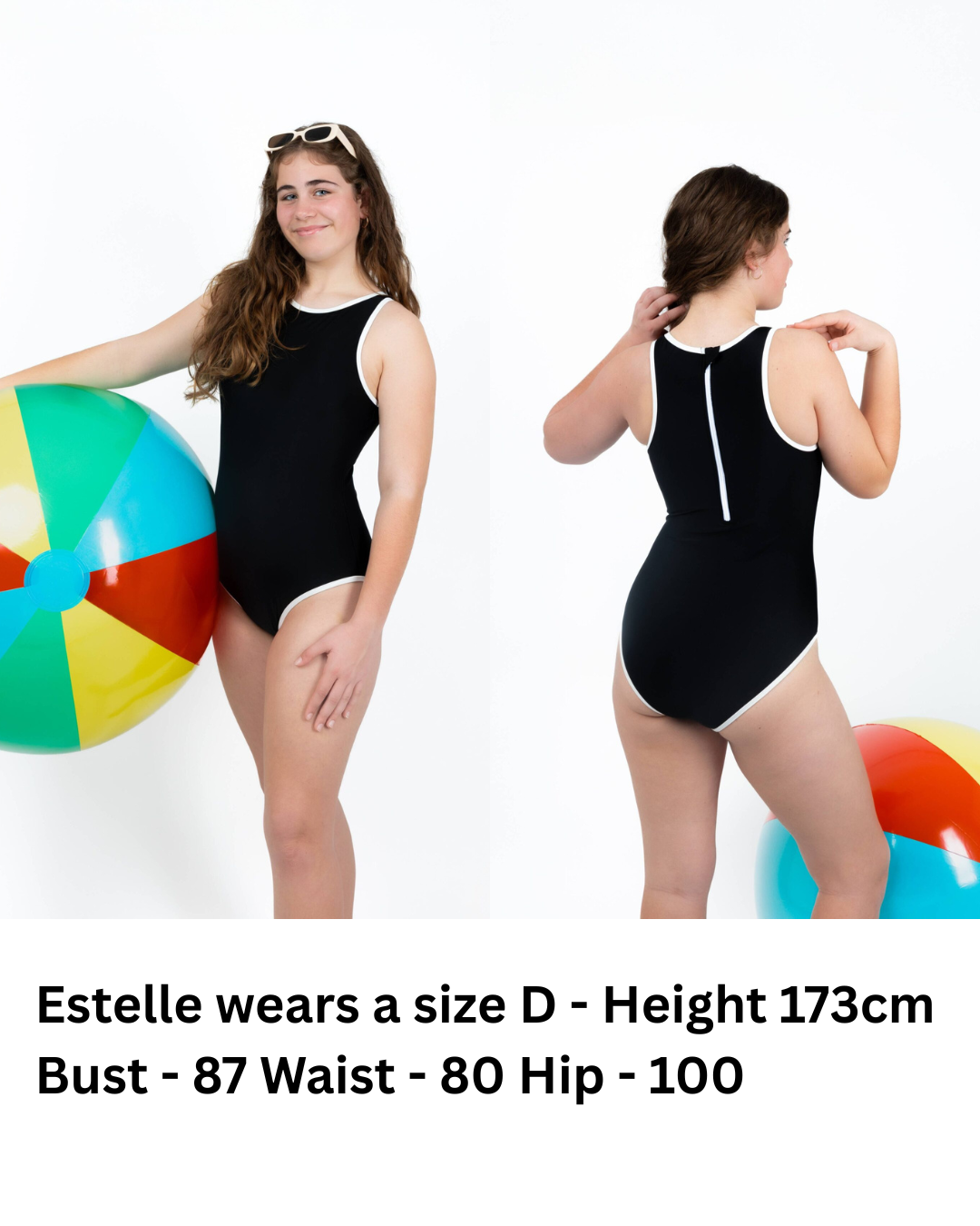 Midnight Current Teen Tween Girls one-piece Swimsuit Swimwear with high neck line, back zipper, removable inserts and age-appropriate cover. Full  coverage bum. Black and white, sporty and active design. 