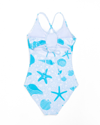 Back view of Seafoam Sweetie one-piece swimsuit with seashell and starfish print and adjustable tie-back straps shown in flat lay view.