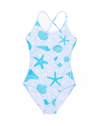 Seafoam Sweetie one-piece swimsuit with seashell and starfish print, adjustable tie-back straps, and removable inserts shown in flat lay view.